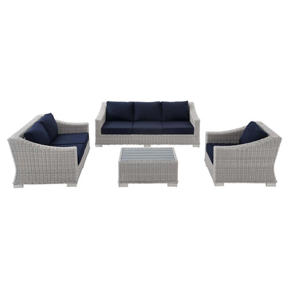 Conway Sunbrella® Outdoor Patio Wicker Rattan 4-Piece Furniture Set, Rattan, Wicker, Light Grey Gray Blue Navy, 19825