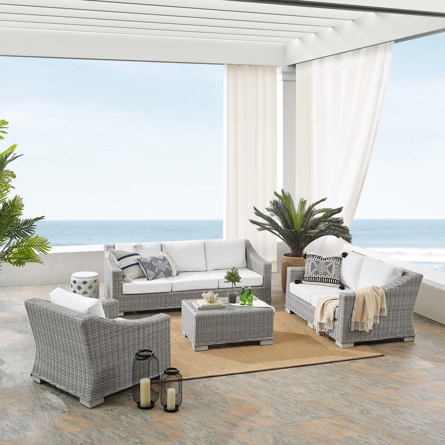 Conway Sunbrella® Outdoor Patio Wicker Rattan 4-Piece Furniture Set, Rattan, Wicker, Light Grey Gray White, 19826