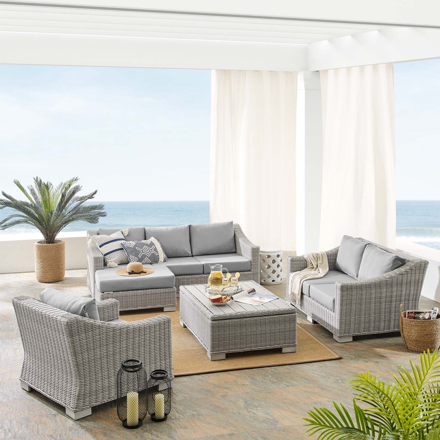 Conway Sunbrella® Outdoor Patio Wicker Rattan 5-Piece Furniture Set, Rattan, Wicker, Grey Gray, 19827