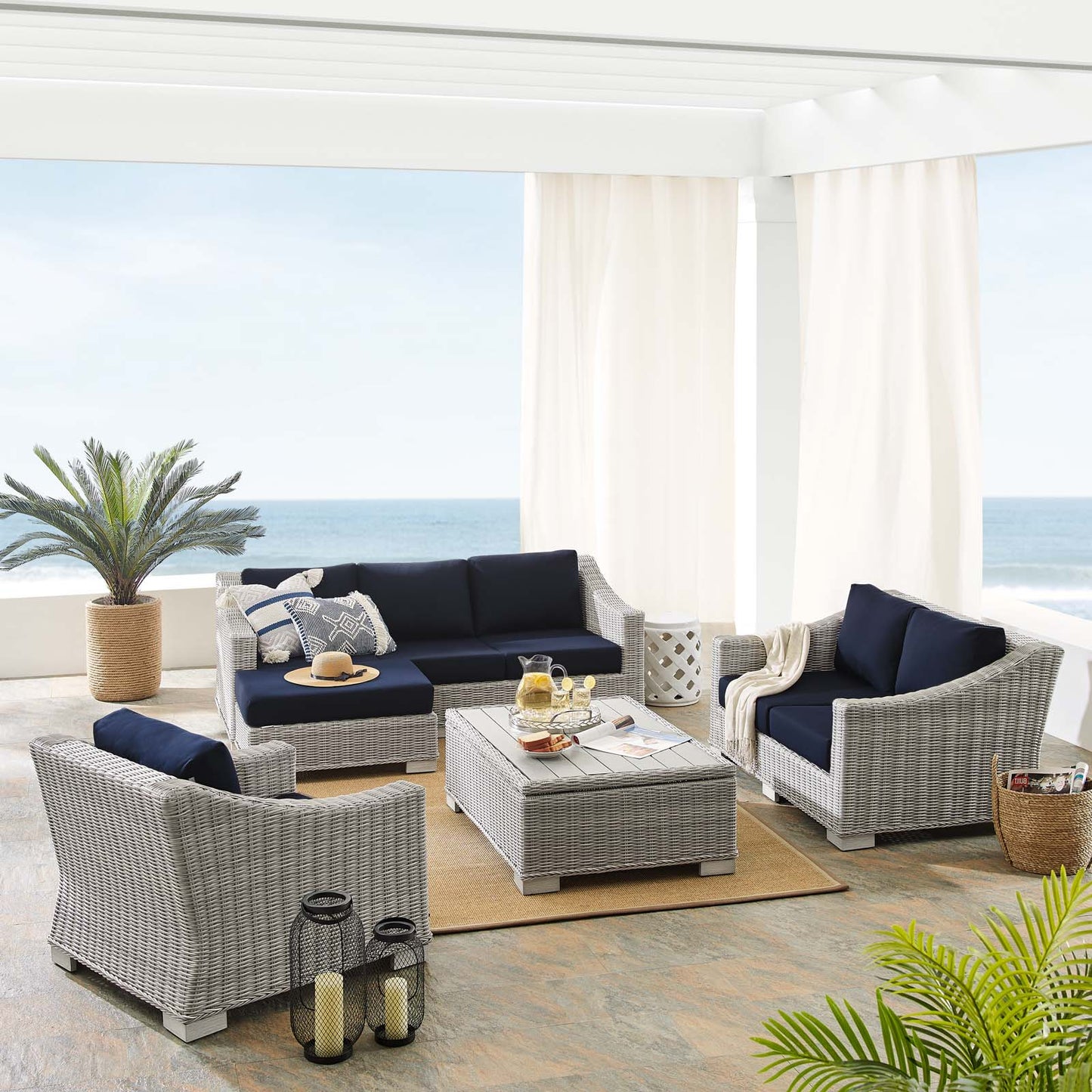 Conway Sunbrella® Outdoor Patio Wicker Rattan 5-Piece Furniture Set, Rattan, Wicker, Light Grey Gray Blue Navy, 19828