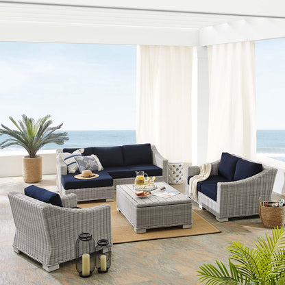 Conway Sunbrella® Outdoor Patio Wicker Rattan 5-Piece Furniture Set, Rattan, Wicker, Light Grey Gray Blue Navy, 19828