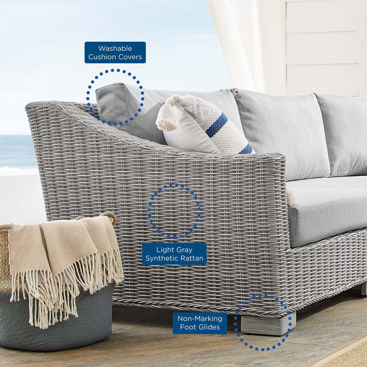 Conway Sunbrella® Outdoor Patio Wicker Rattan 5-Piece Sectional Sofa Set, Rattan, Wicker, Grey Gray, 19830