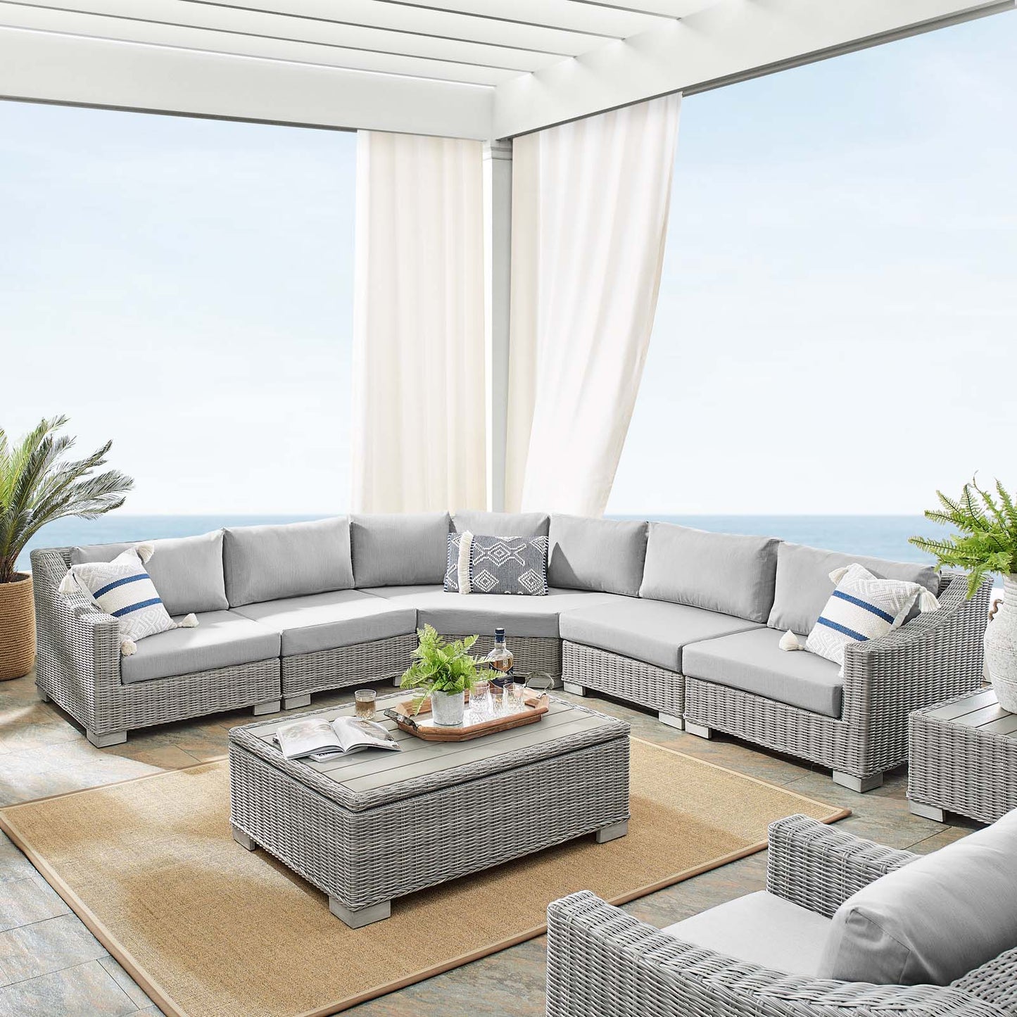 Conway Sunbrella® Outdoor Patio Wicker Rattan 6-Piece Sectional Sofa Set, Rattan, Wicker, Grey Gray, 19833
