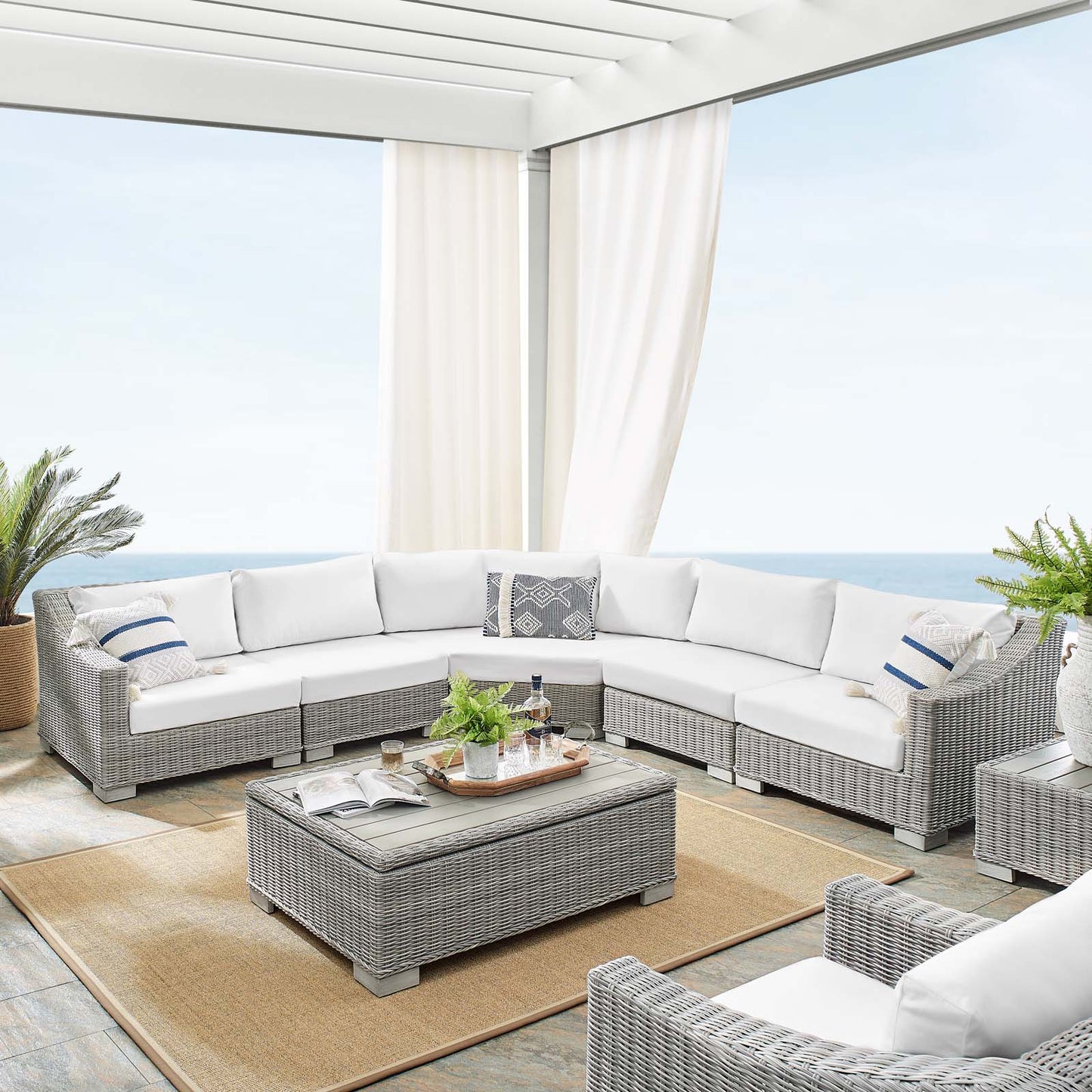 Conway Sunbrella® Outdoor Patio Wicker Rattan 6-Piece Sectional Sofa Set, Rattan, Wicker, Light Grey Gray White, 19835