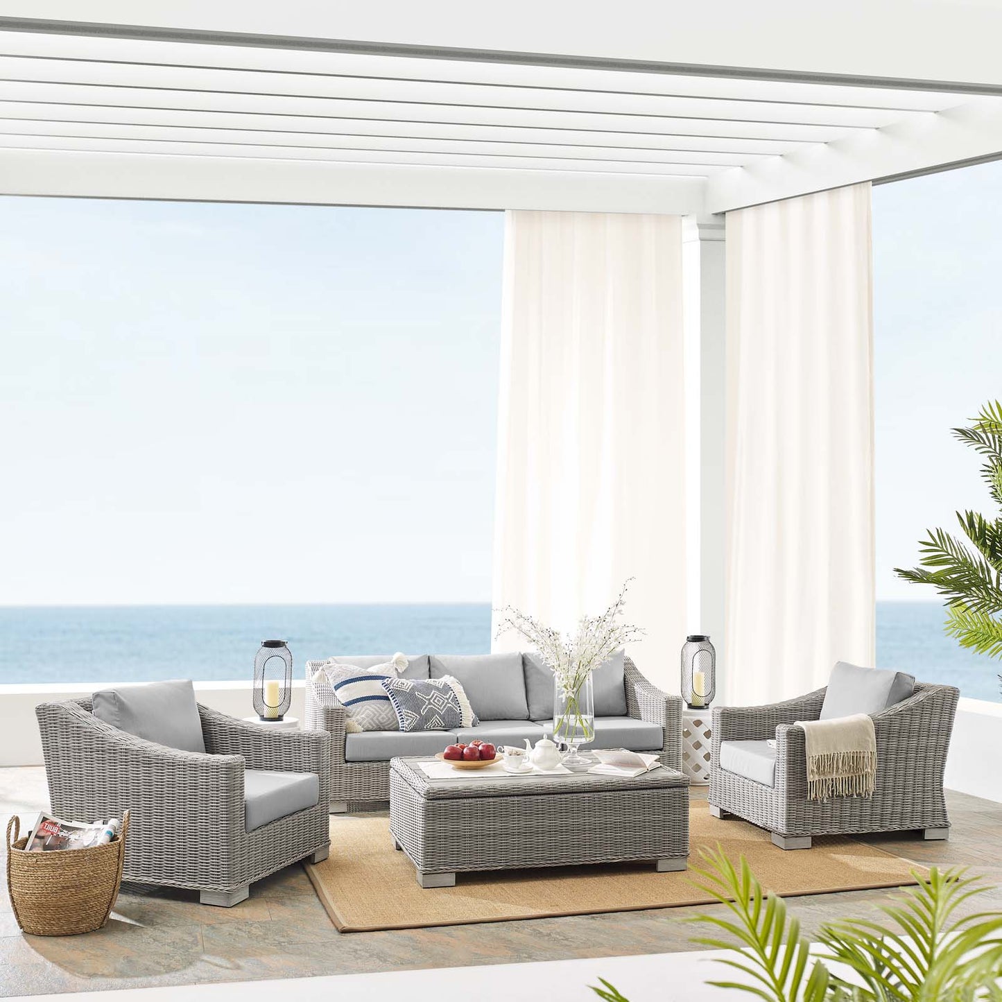 Conway Sunbrella® Outdoor Patio Wicker Rattan 4-Piece Furniture Set, Rattan, Wicker, Grey Gray, 19836