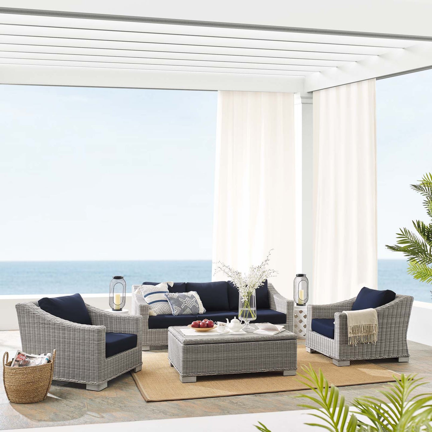 Conway Sunbrella® Outdoor Patio Wicker Rattan 4-Piece Furniture Set, Rattan, Wicker, Light Grey Gray Blue Navy, 19837