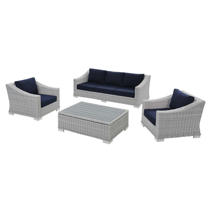 Conway Sunbrella® Outdoor Patio Wicker Rattan 4-Piece Furniture Set, Rattan, Wicker, Light Grey Gray Blue Navy, 19837