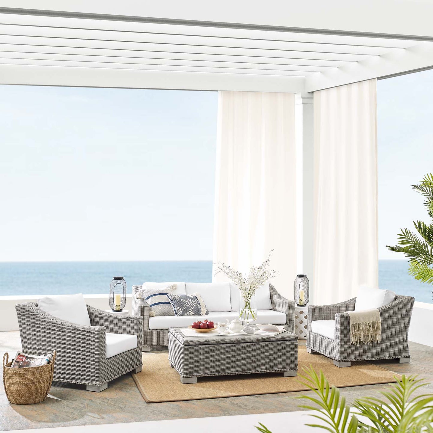 Conway Sunbrella® Outdoor Patio Wicker Rattan 4-Piece Furniture Set, Rattan, Wicker, Light Grey Gray White, 19838