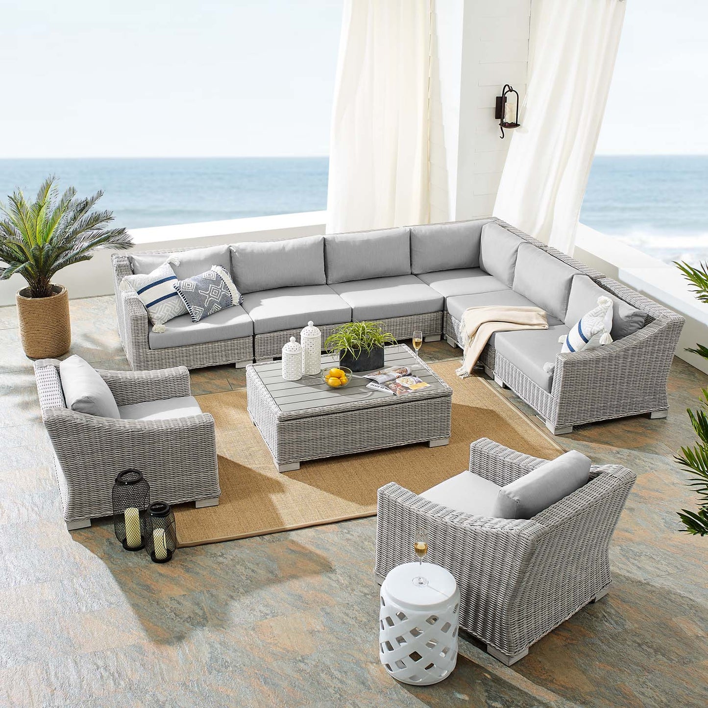 Conway Sunbrella® Outdoor Patio Wicker Rattan 9-Piece Sectional Sofa Set, Rattan, Wicker, Grey Gray, 19839