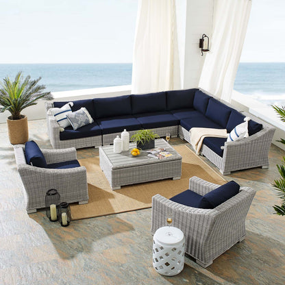 Conway Sunbrella® Outdoor Patio Wicker Rattan 9-Piece Sectional Sofa Set, Rattan, Wicker, Light Grey Gray Blue Navy, 19840