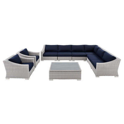 Conway Sunbrella® Outdoor Patio Wicker Rattan 9-Piece Sectional Sofa Set, Rattan, Wicker, Light Grey Gray Blue Navy, 19840