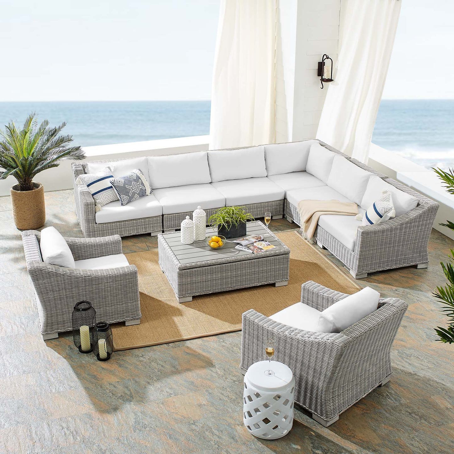 Conway Sunbrella® Outdoor Patio Wicker Rattan 9-Piece Sectional Sofa Set, Rattan, Wicker, Light Grey Gray White, 19841