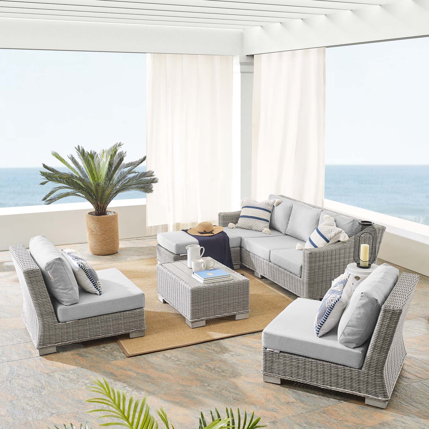 Conway Sunbrella® Outdoor Patio Wicker Rattan 5-Piece Furniture Set, Rattan, Wicker, Grey Gray, 19842