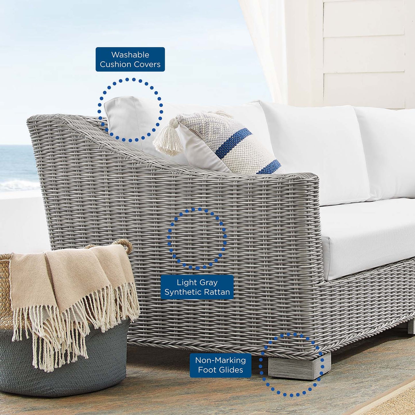 Conway Sunbrella® Outdoor Patio Wicker Rattan 5-Piece Furniture Set, Rattan, Wicker, Light Grey Gray White, 19844