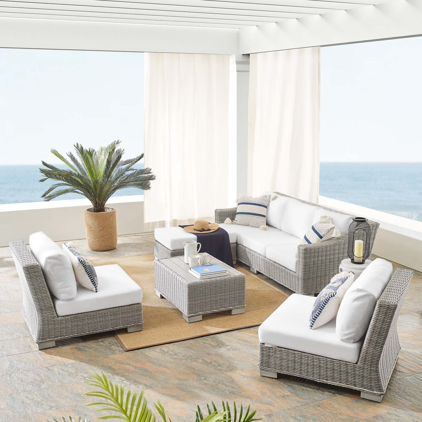 Conway Sunbrella® Outdoor Patio Wicker Rattan 5-Piece Furniture Set, Rattan, Wicker, Light Grey Gray White, 19844