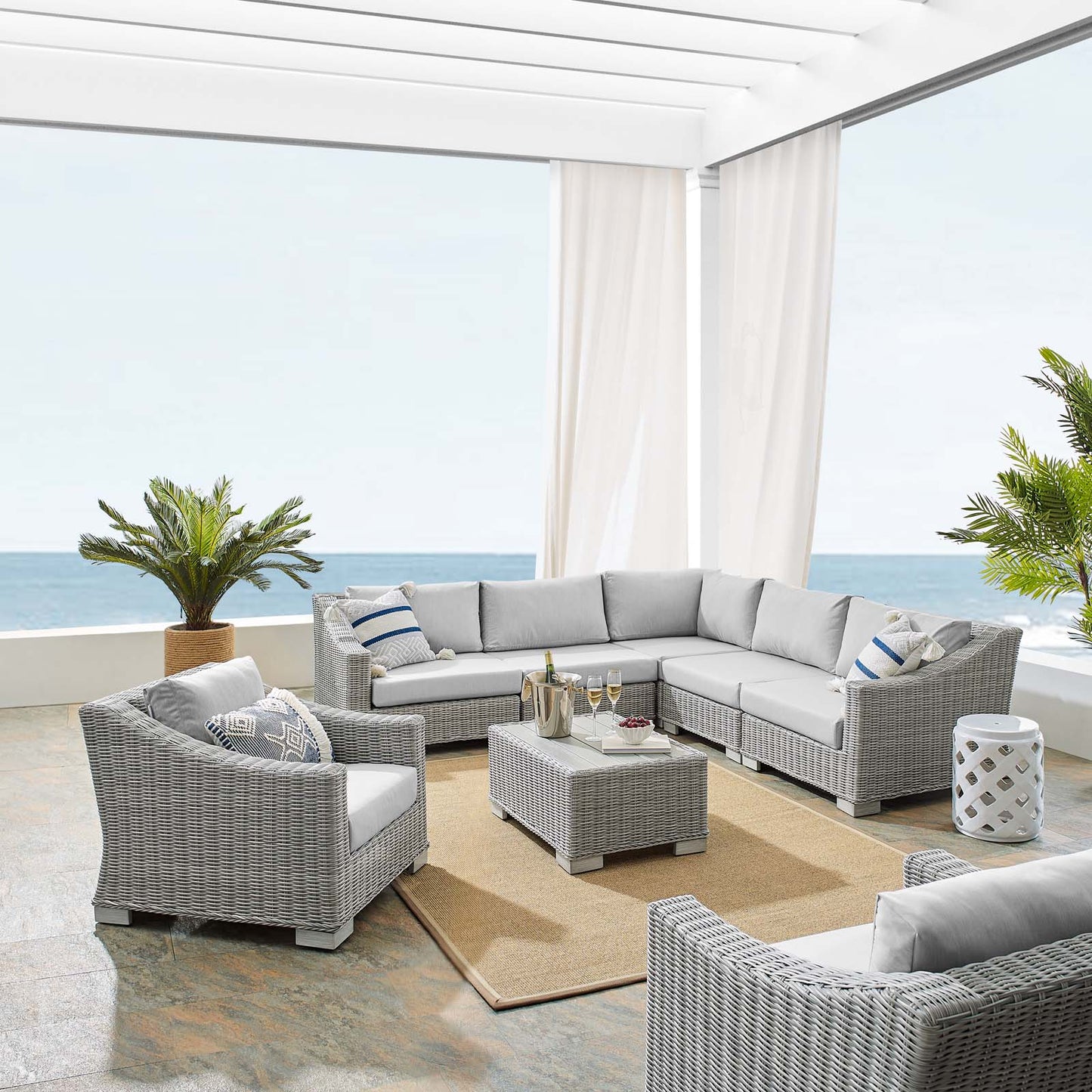 Conway Sunbrella® Outdoor Patio Wicker Rattan 7-Piece Sectional Sofa Set, Rattan, Wicker, Grey Gray, 19845