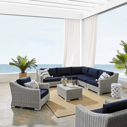 Conway Sunbrella® Outdoor Patio Wicker Rattan 7-Piece Sectional Sofa Set, Rattan, Wicker, Light Grey Gray Blue Navy, 19846