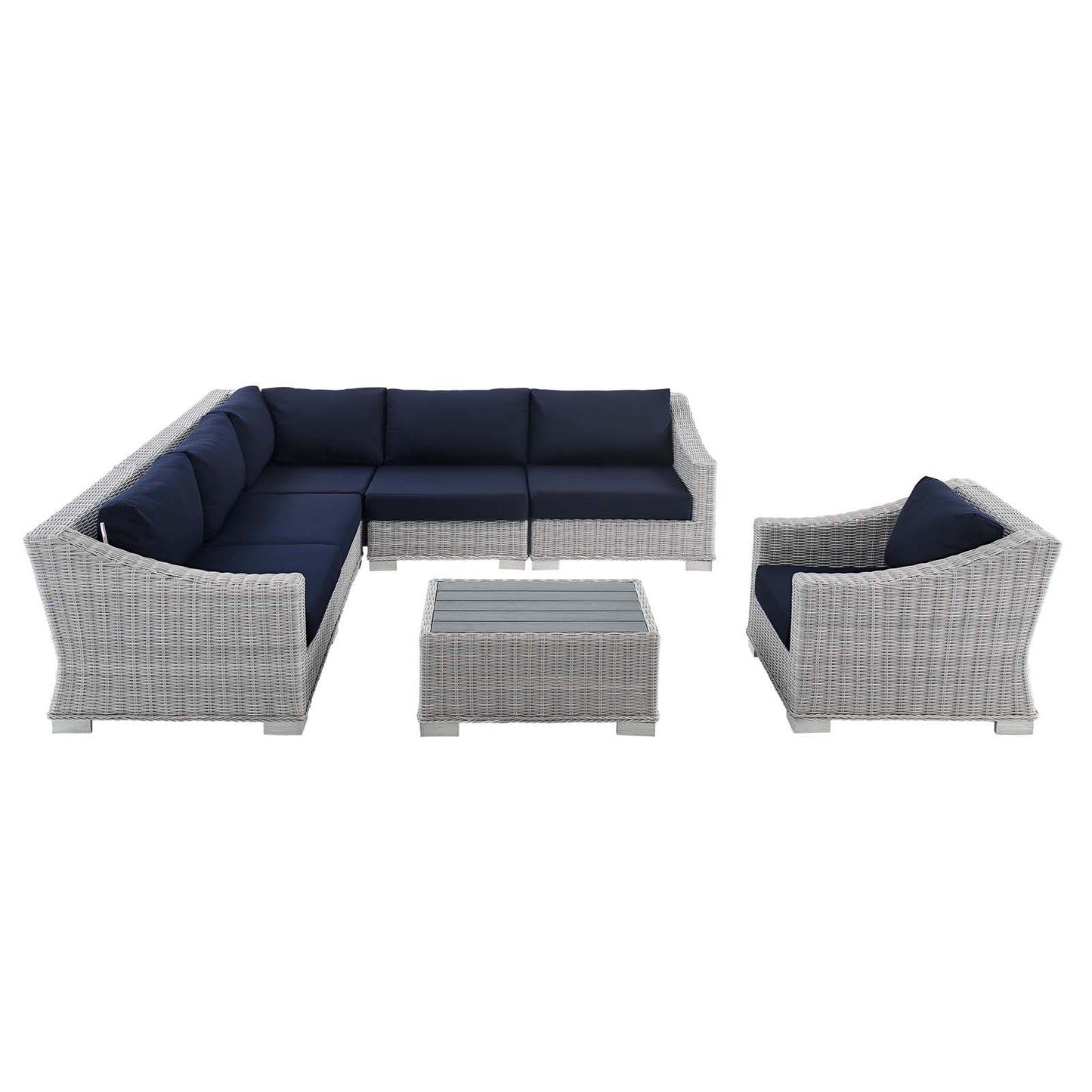 Conway Sunbrella® Outdoor Patio Wicker Rattan 7-Piece Sectional Sofa Set, Rattan, Wicker, Light Grey Gray Blue Navy, 19846