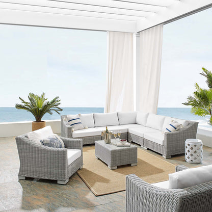 Conway Sunbrella® Outdoor Patio Wicker Rattan 7-Piece Sectional Sofa Set, Rattan, Wicker, Light Grey Gray White, 19847