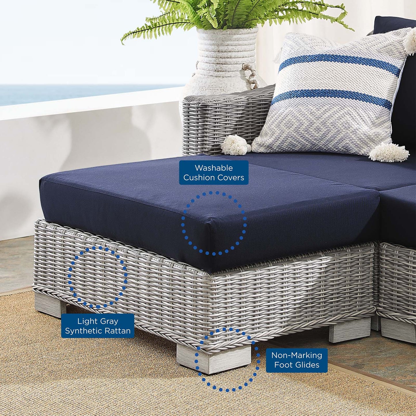 Conway Sunbrella® Outdoor Patio Wicker Rattan 6-Piece Furniture Set, Rattan, Wicker, Light Grey Gray Blue Navy, 19849