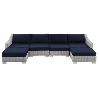 Conway Sunbrella® Outdoor Patio Wicker Rattan 6-Piece Furniture Set, Rattan, Wicker, Light Grey Gray Blue Navy, 19849