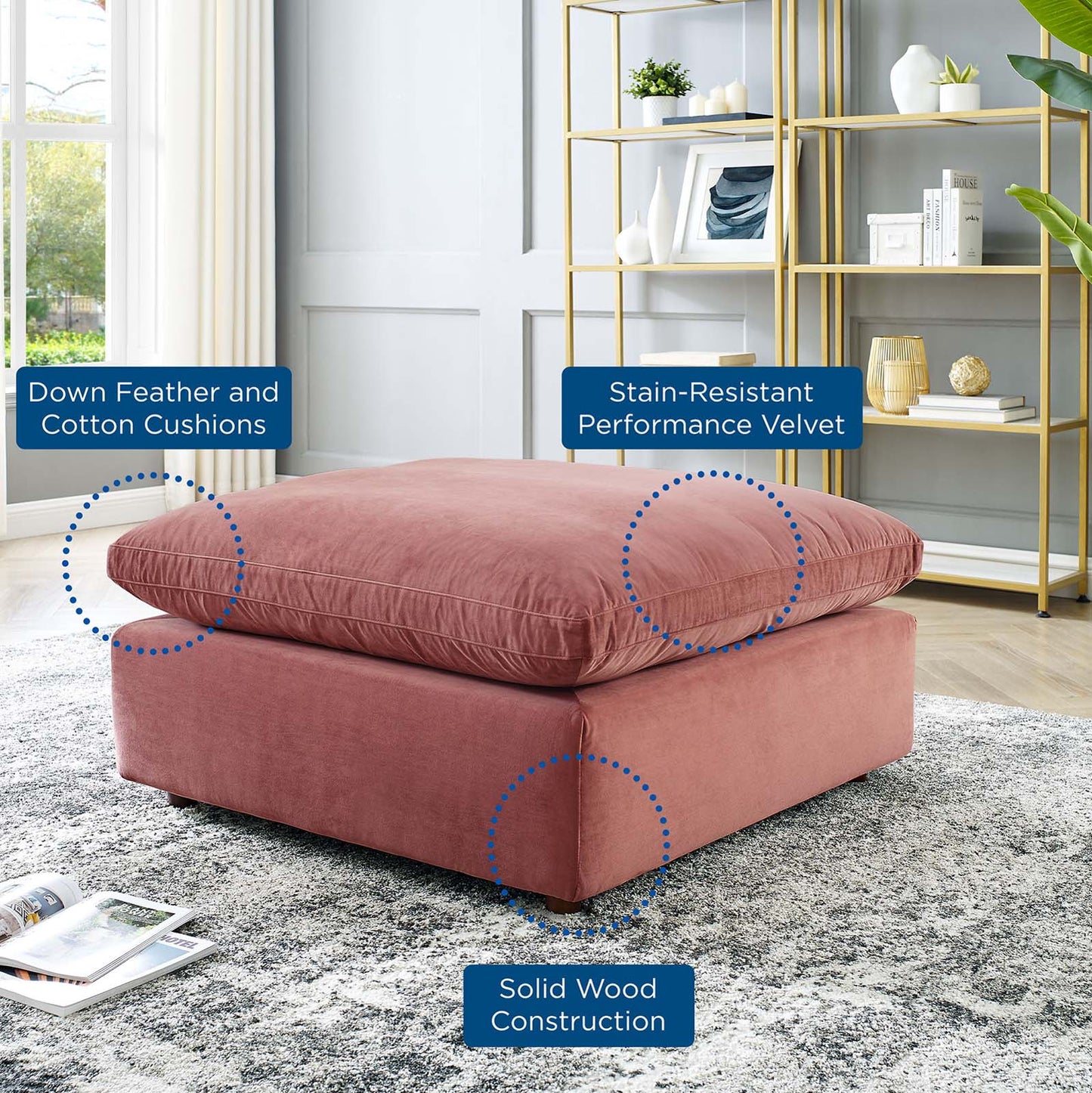 Commix Down Filled Overstuffed Performance Velvet Ottoman, Velvet, Pink, 19852