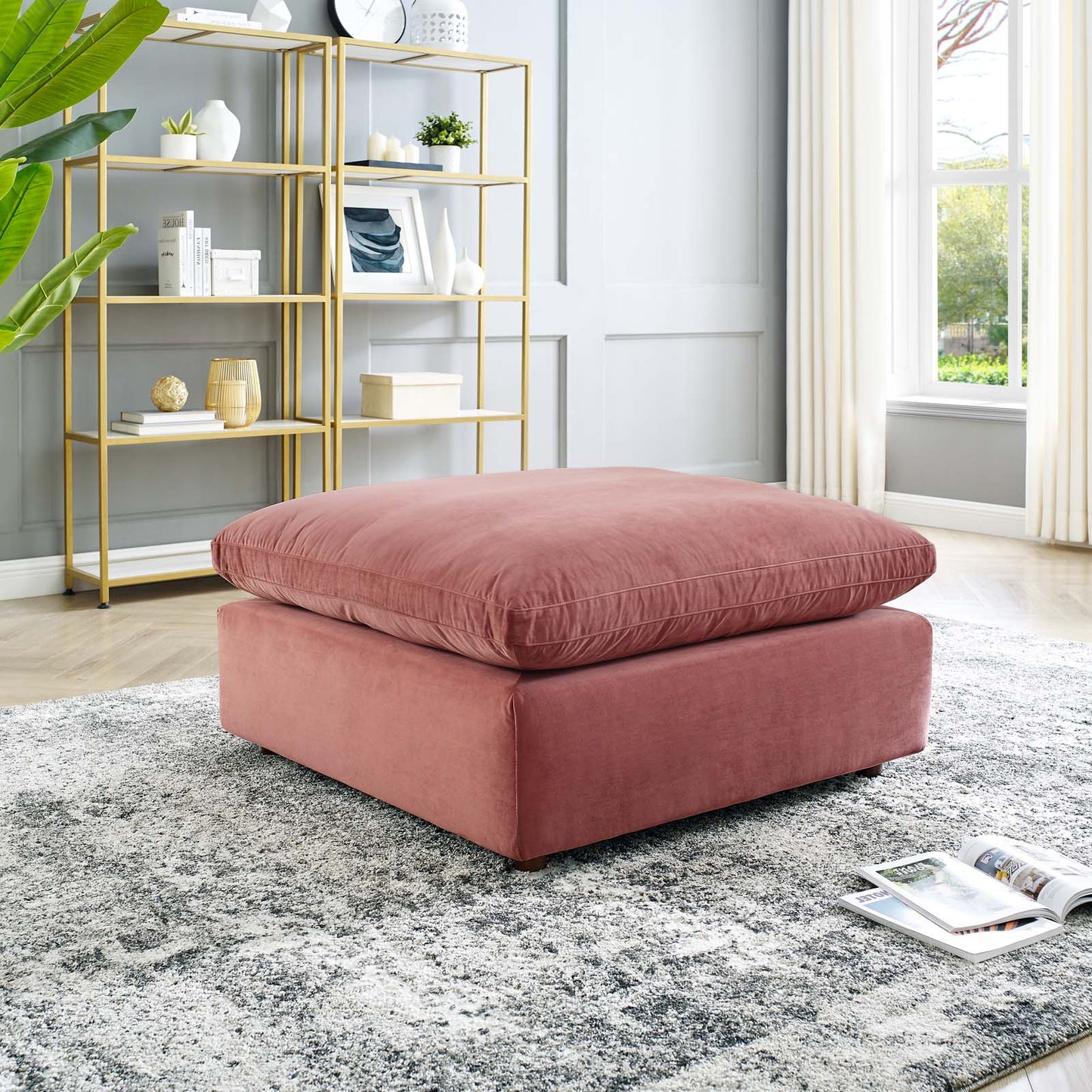 Commix Down Filled Overstuffed Performance Velvet Ottoman, Velvet, Pink, 19852