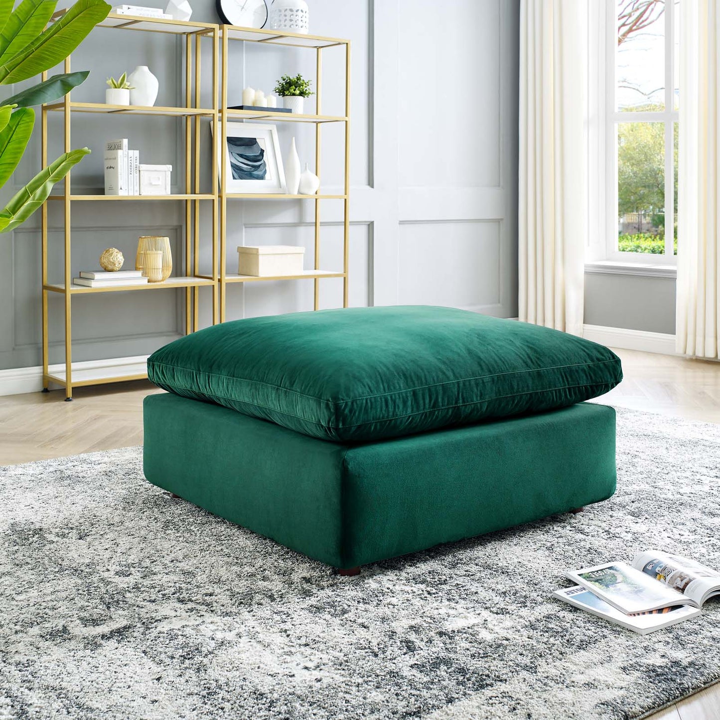 Commix Down Filled Overstuffed Performance Velvet Ottoman, Velvet, Green, 19853