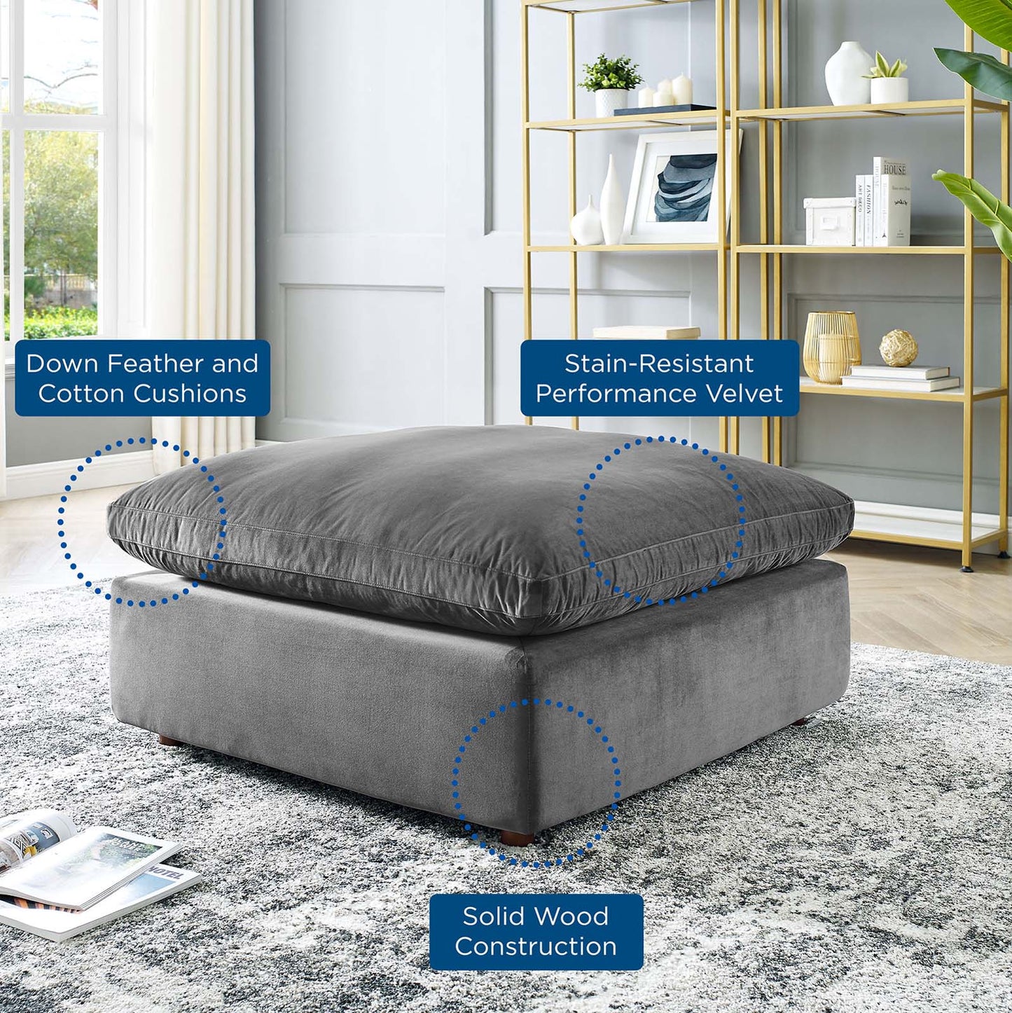 Commix Down Filled Overstuffed Performance Velvet Ottoman, Velvet, Grey Gray, 19854