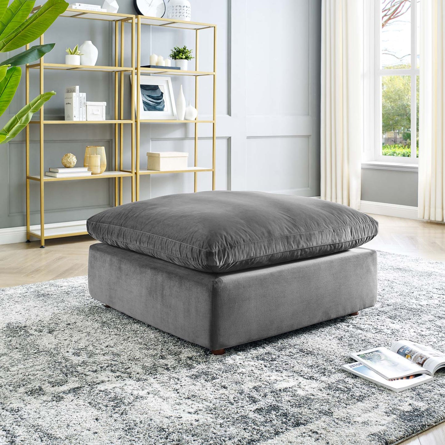 Commix Down Filled Overstuffed Performance Velvet Ottoman, Velvet, Grey Gray, 19854
