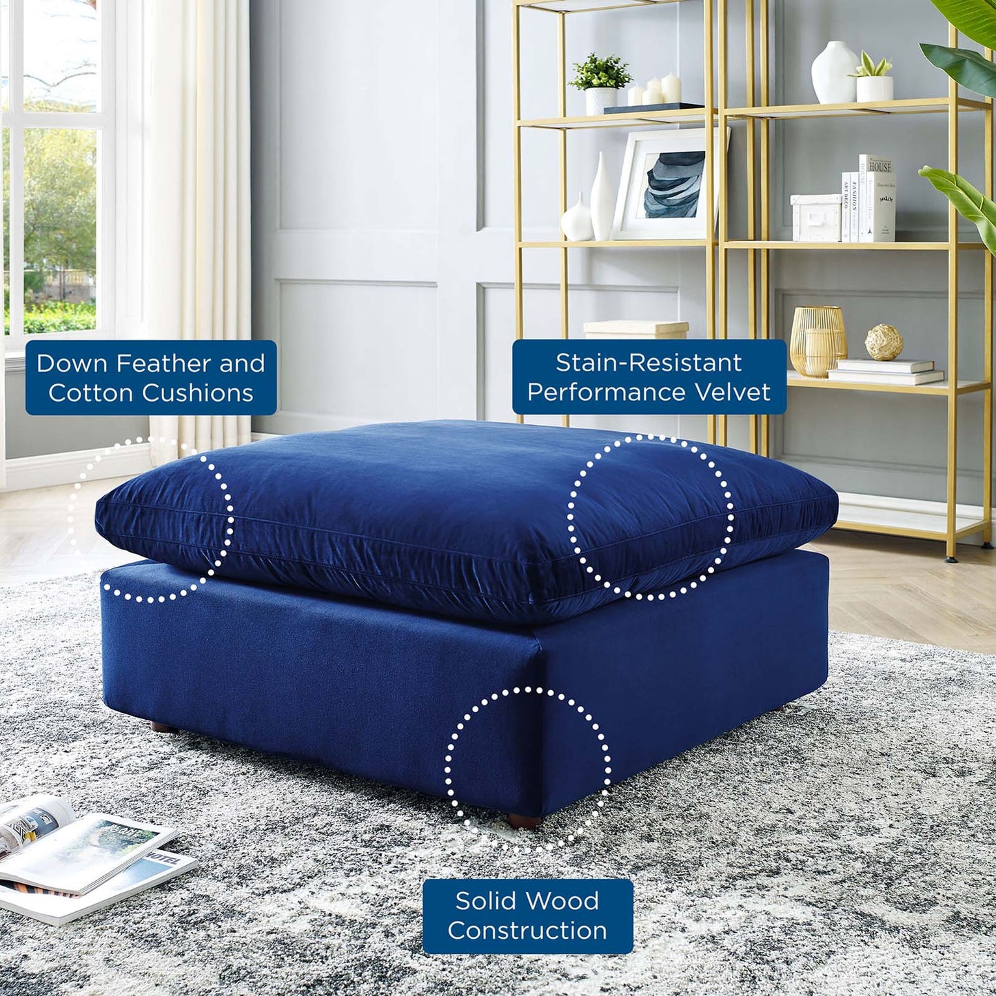 Commix Down Filled Overstuffed Performance Velvet Ottoman, Velvet, Blue Navy, 19856