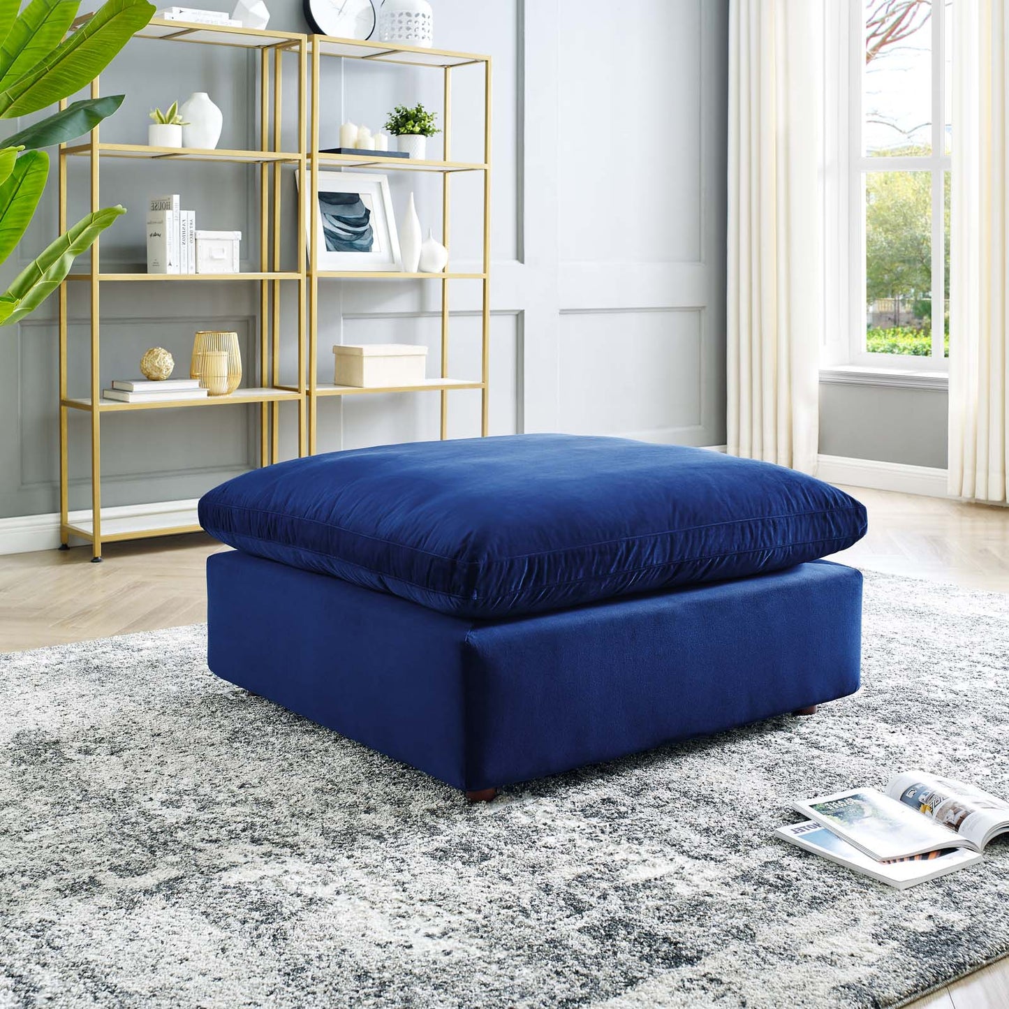 Commix Down Filled Overstuffed Performance Velvet Ottoman, Velvet, Blue Navy, 19856