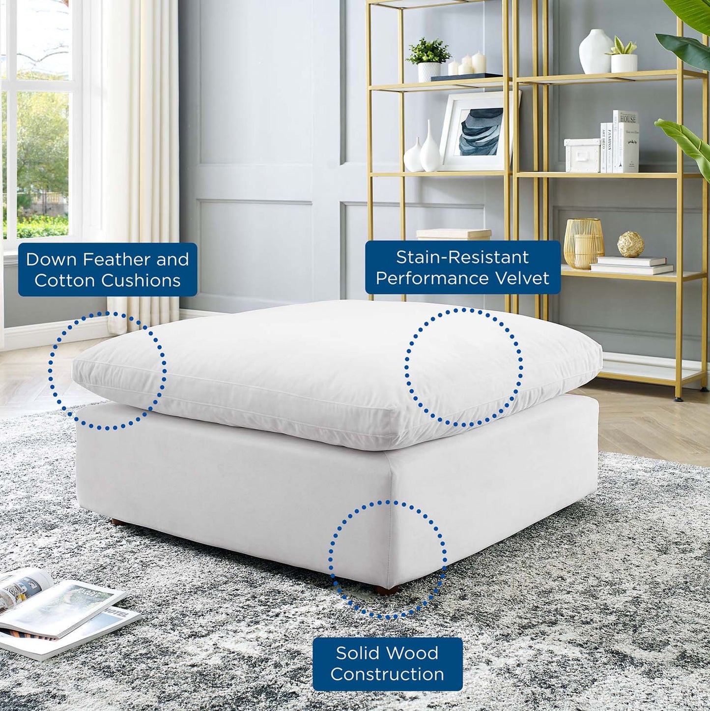 Commix Down Filled Overstuffed Performance Velvet Ottoman, Velvet, White, 19857