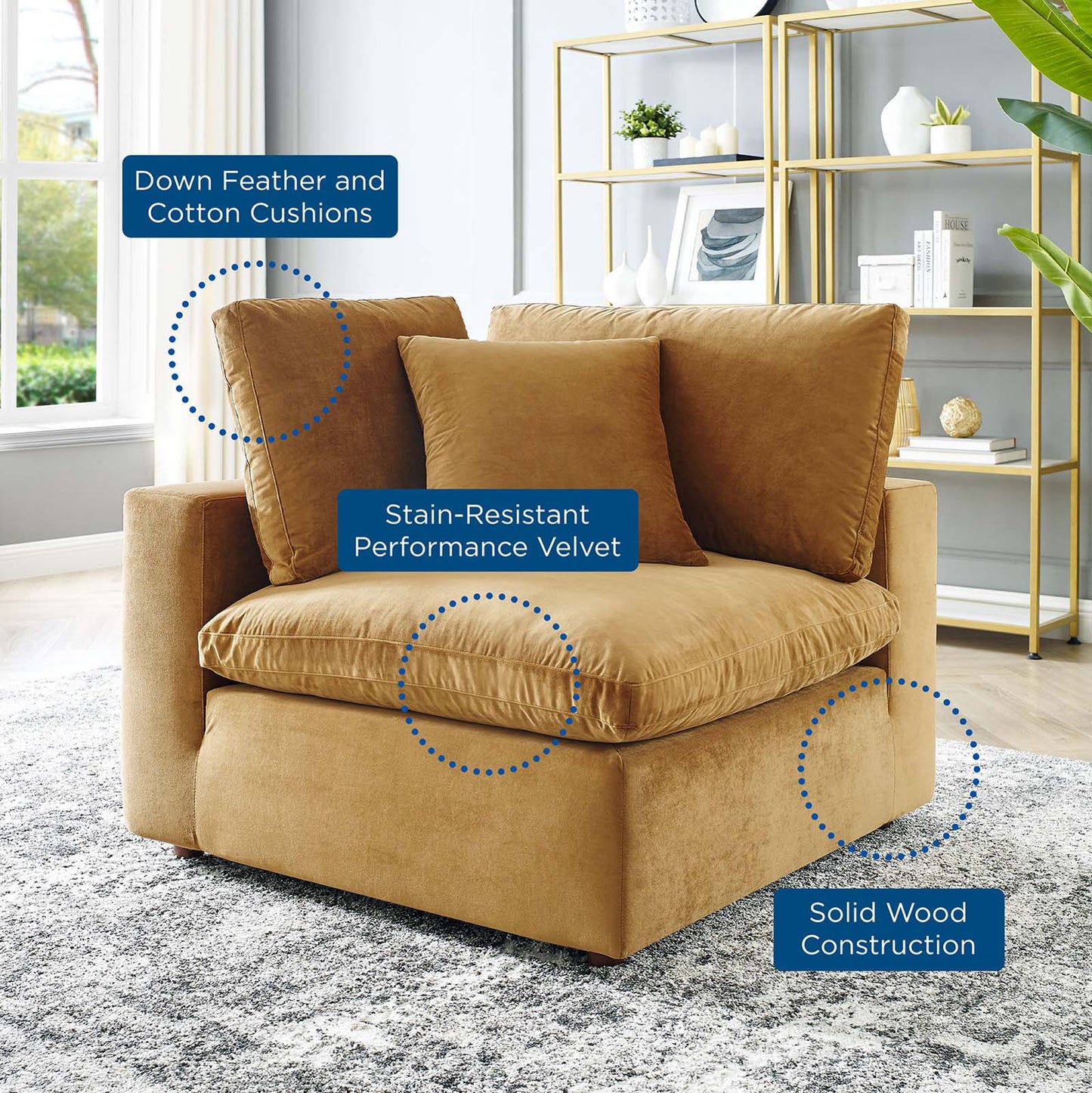 Commix Down Filled Overstuffed Performance Velvet Corner Chair, Velvet, Brown, 19858
