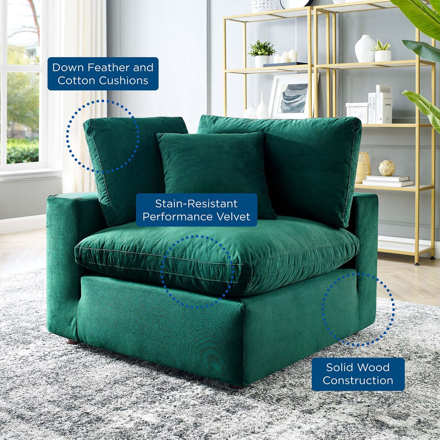 Commix Down Filled Overstuffed Performance Velvet Corner Chair, Velvet, Green, 19860