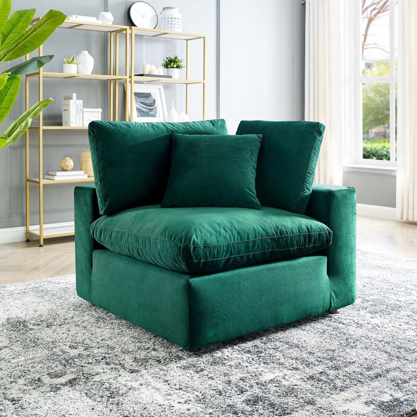 Commix Down Filled Overstuffed Performance Velvet Corner Chair, Velvet, Green, 19860
