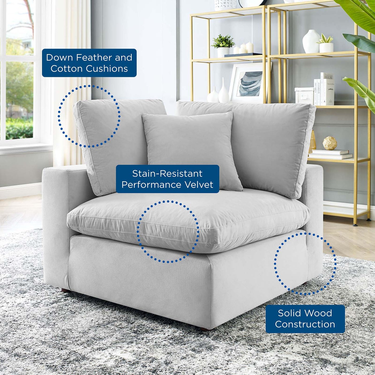 Commix Down Filled Overstuffed Performance Velvet Corner Chair, Velvet, Light Grey Gray, 19862