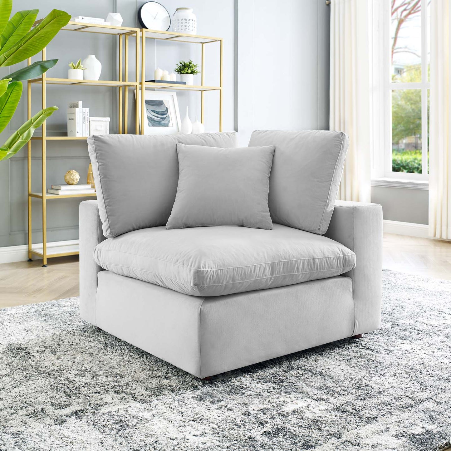 Commix Down Filled Overstuffed Performance Velvet Corner Chair, Velvet, Light Grey Gray, 19862