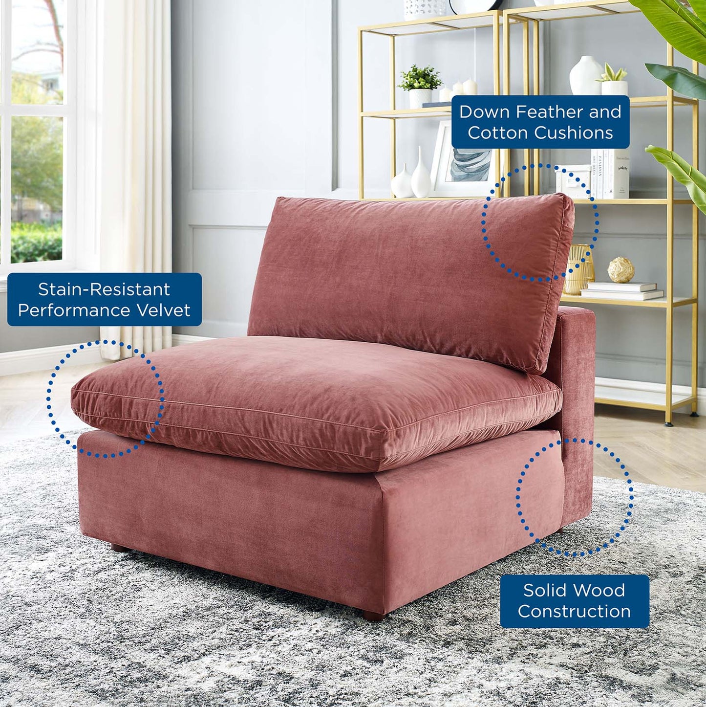 Commix Down Filled Overstuffed Performance Velvet Armless Chair, Velvet, Pink, 19866