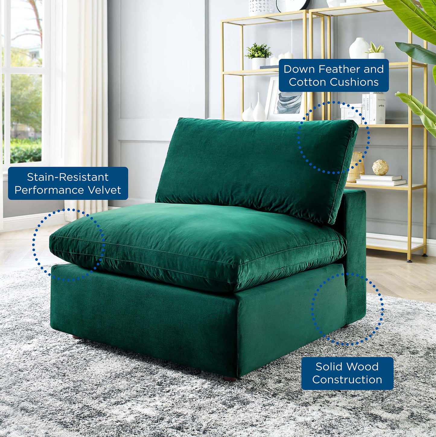 Commix Down Filled Overstuffed Performance Velvet Armless Chair, Velvet, Green, 19867