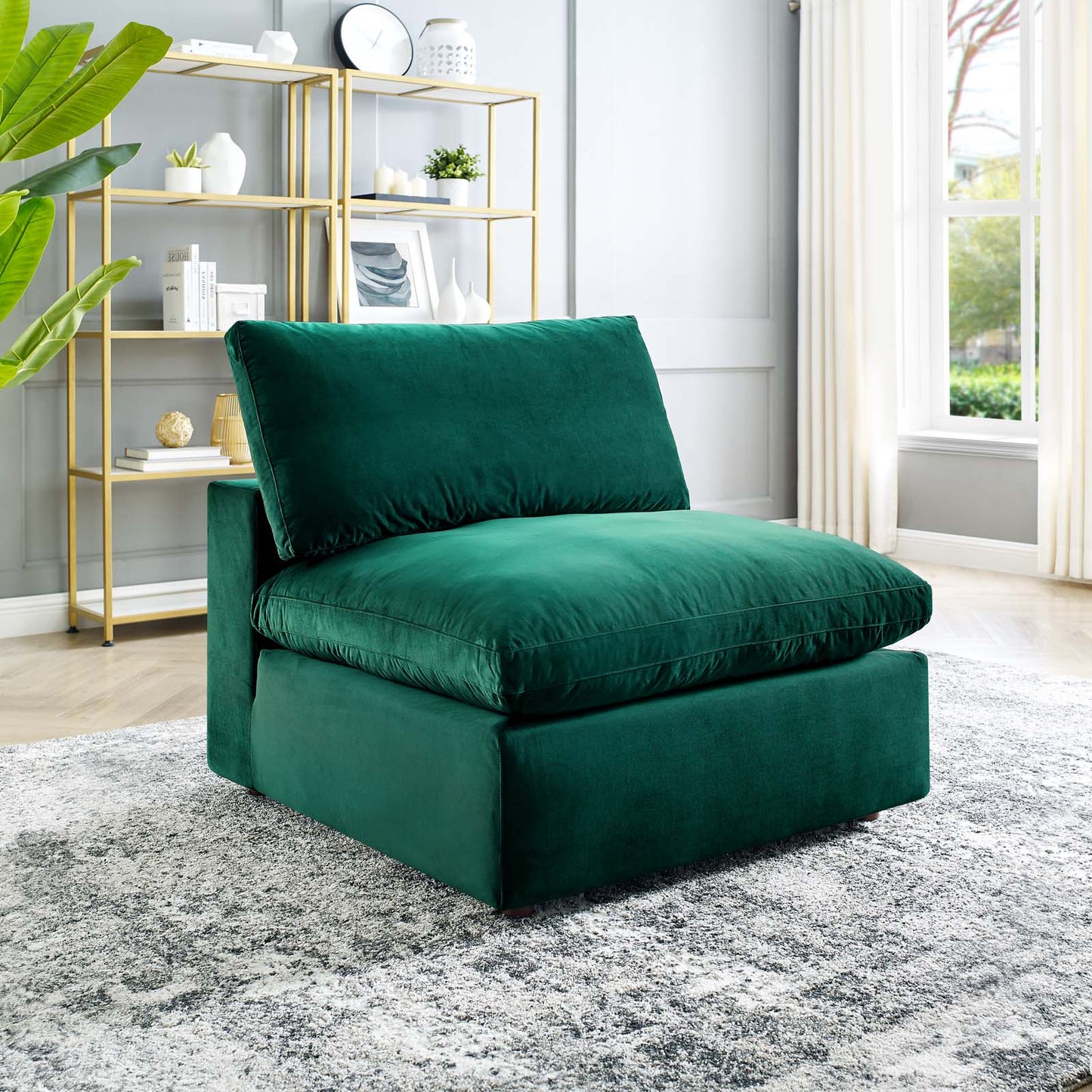 Commix Down Filled Overstuffed Performance Velvet Armless Chair, Velvet, Green, 19867