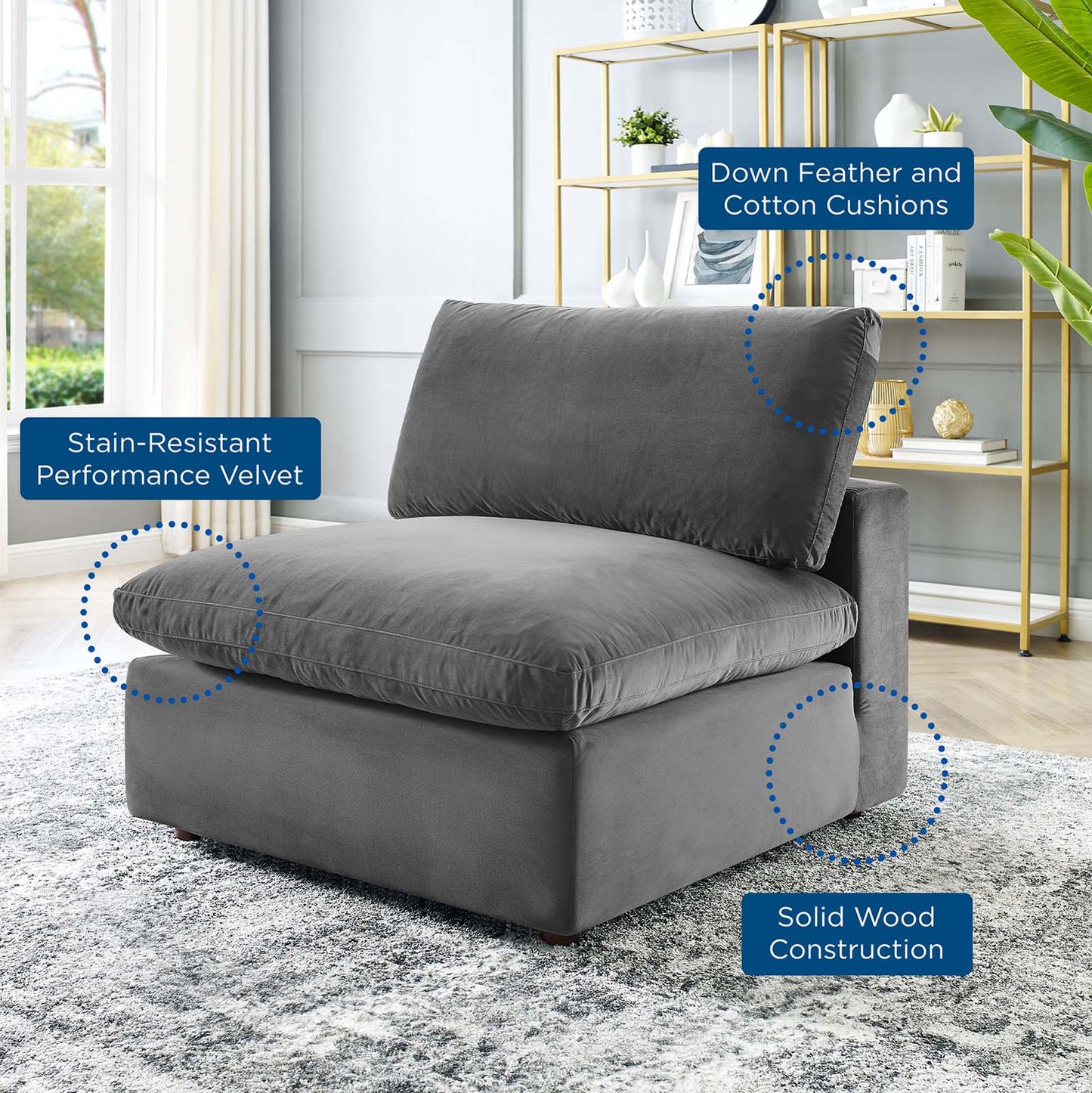 Commix Down Filled Overstuffed Performance Velvet Armless Chair, Velvet, Grey Gray, 19868