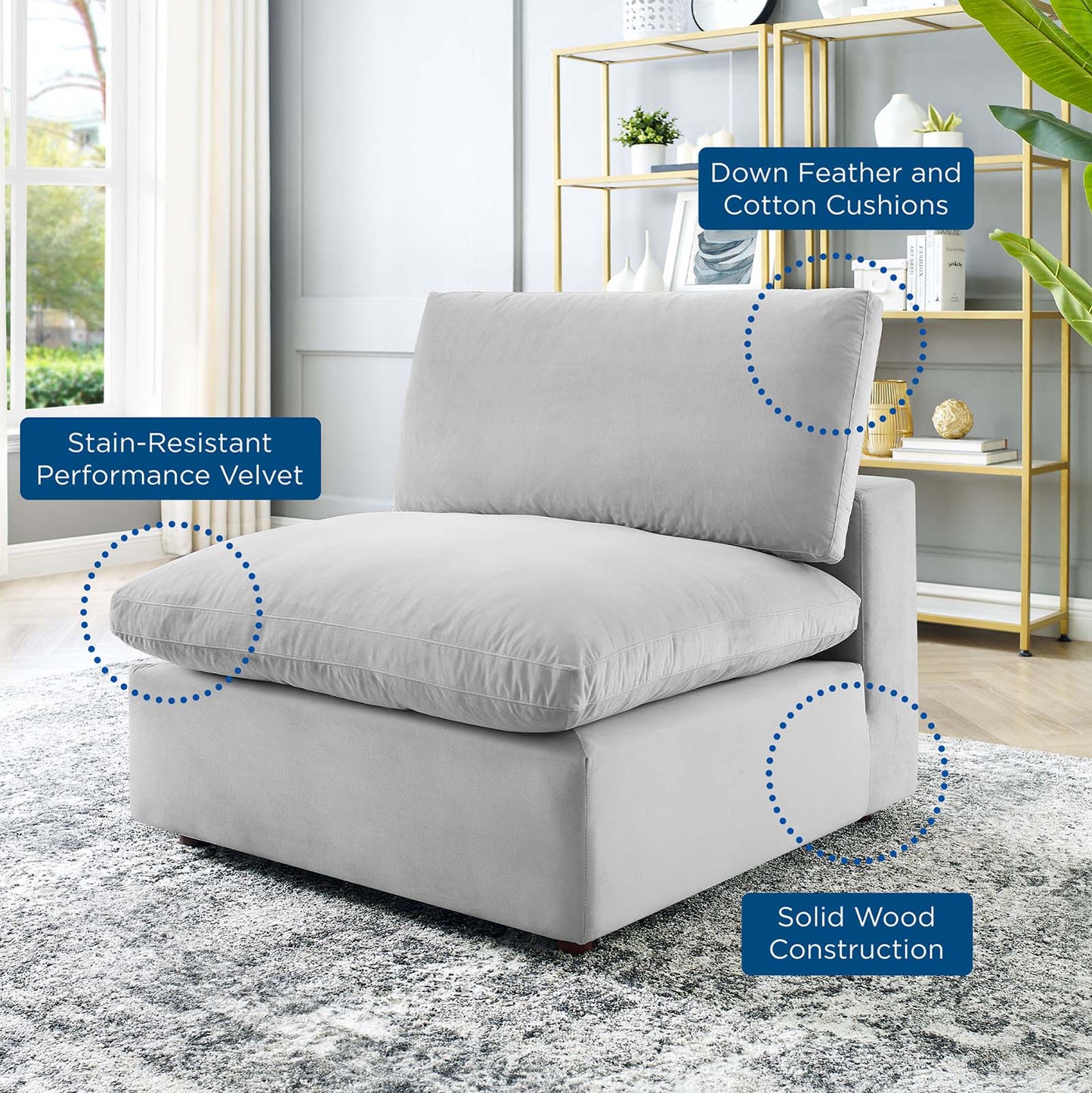 Commix Down Filled Overstuffed Performance Velvet Armless Chair, Velvet, Light Grey Gray, 19869