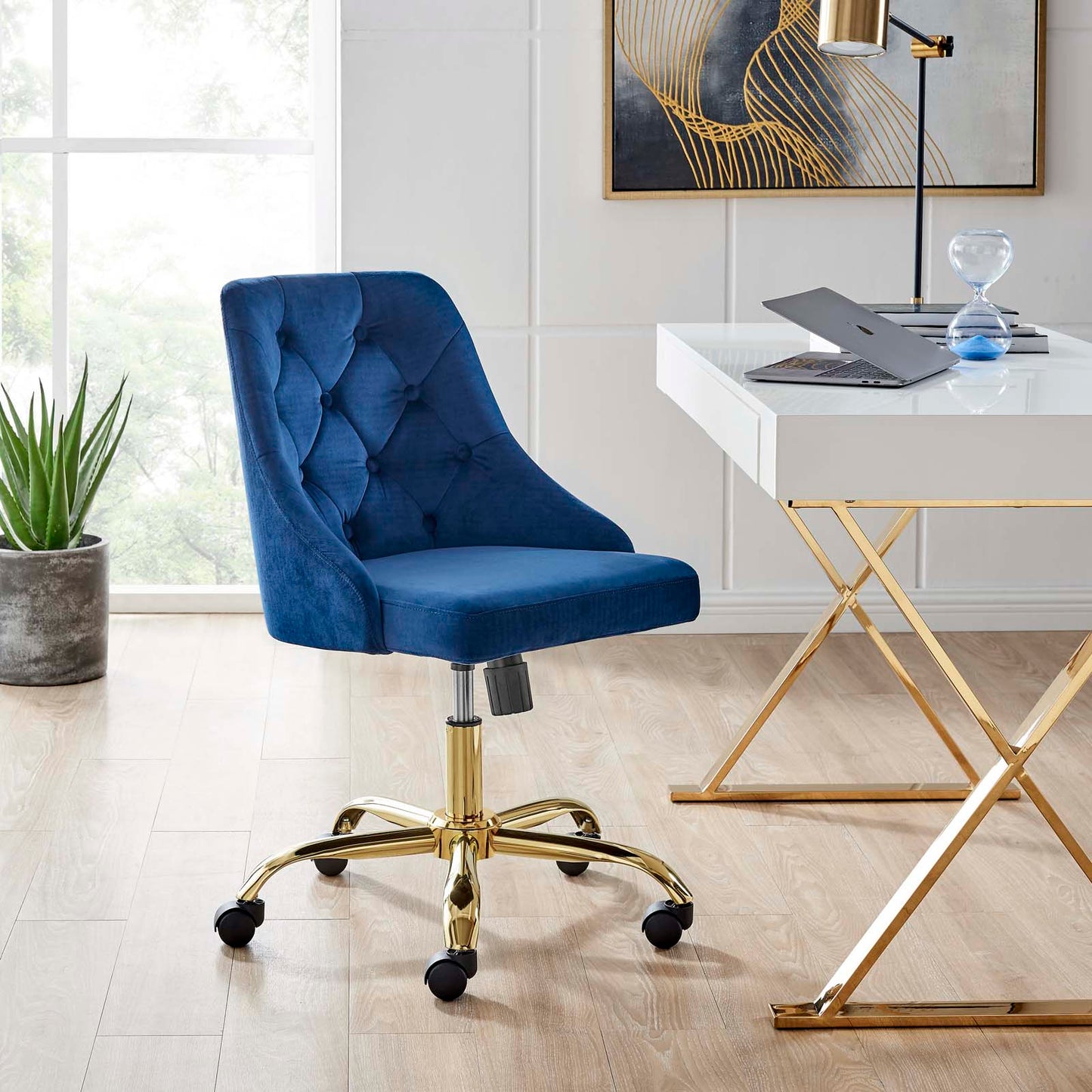 Distinct Tufted Swivel Performance Velvet Office Chair, Velvet, Gold Blue Navy, 19875