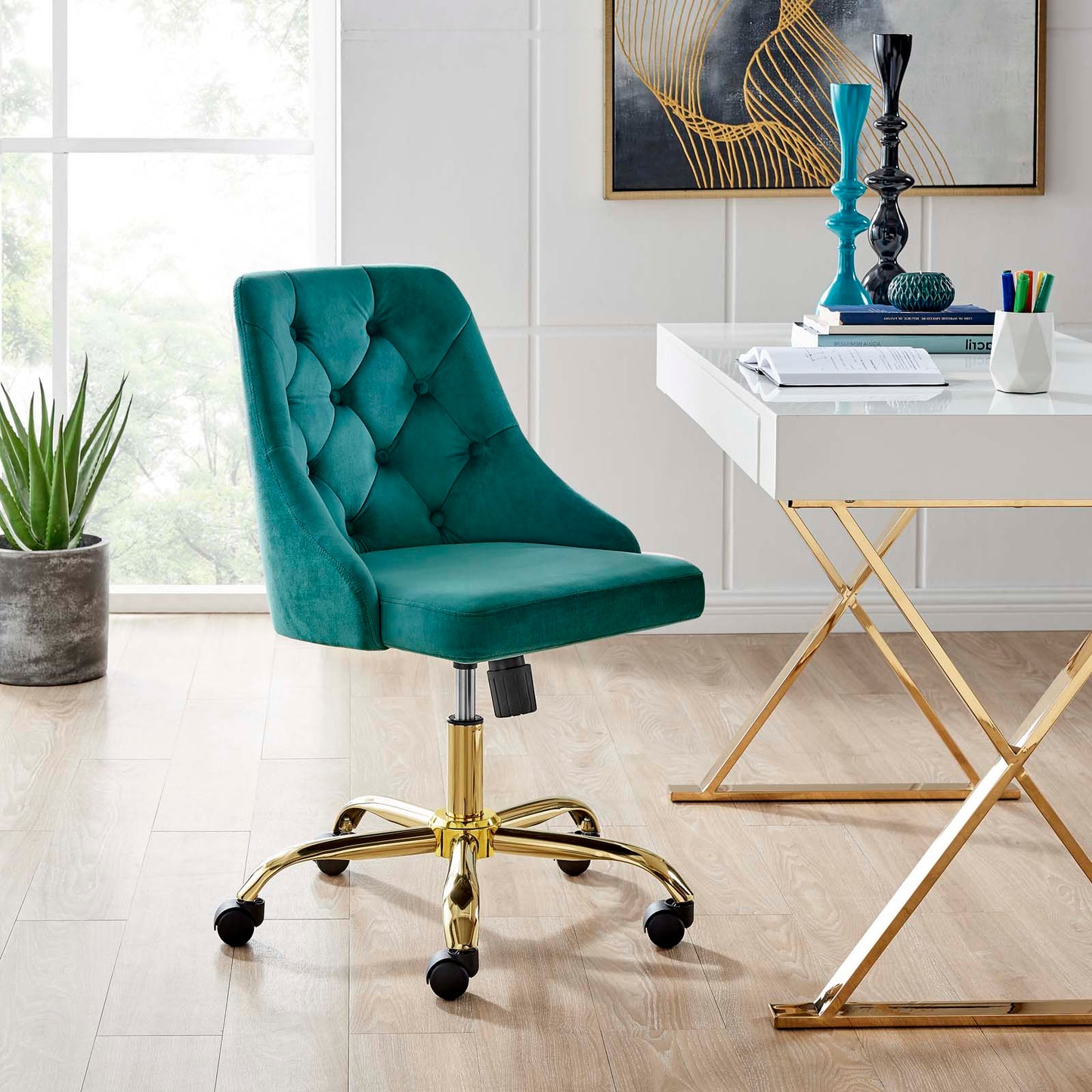 Distinct Tufted Swivel Performance Velvet Office Chair, Velvet, Gold Teal Blue, 19876
