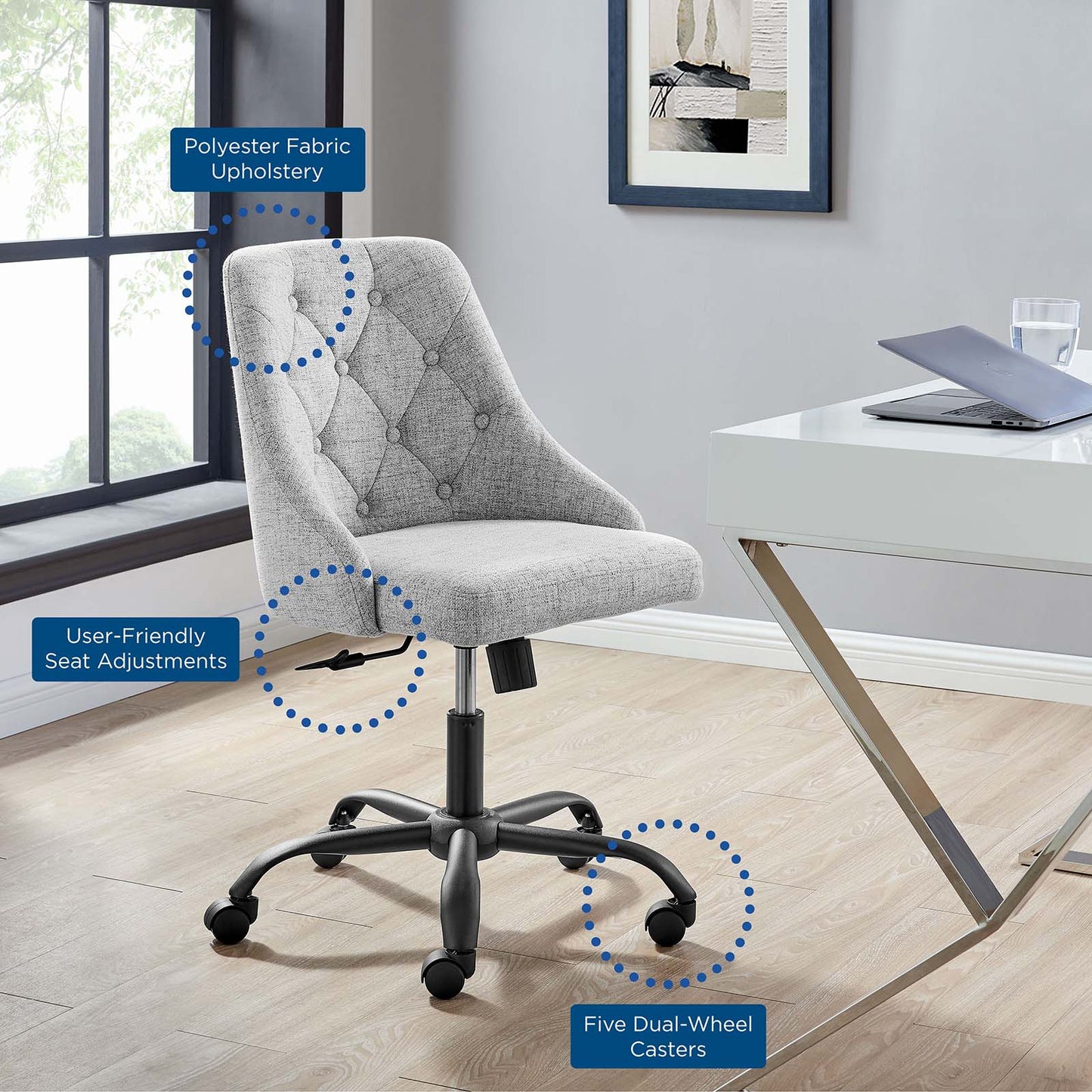 Distinct Tufted Swivel Upholstered Office Chair, Fabric, Black Grey Gray, 19878