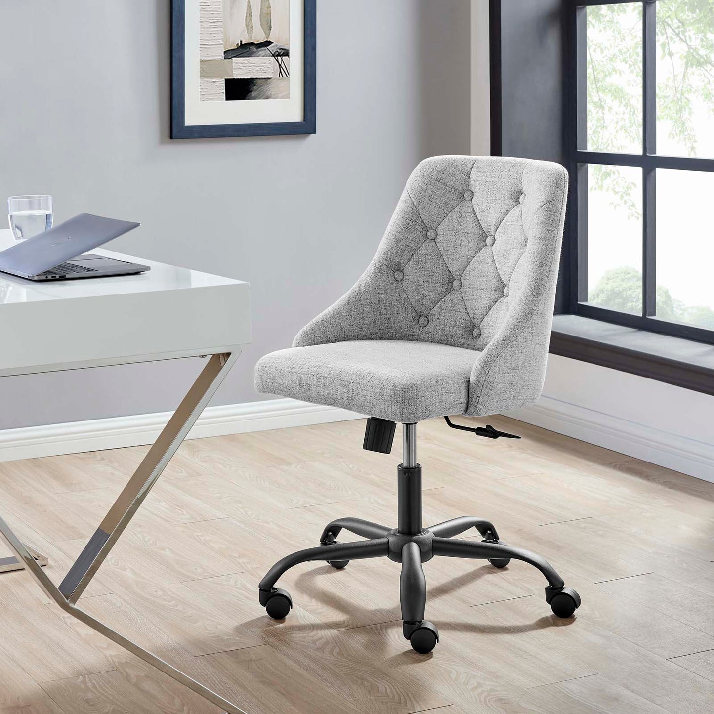 Distinct Tufted Swivel Upholstered Office Chair, Fabric, Black Grey Gray, 19878