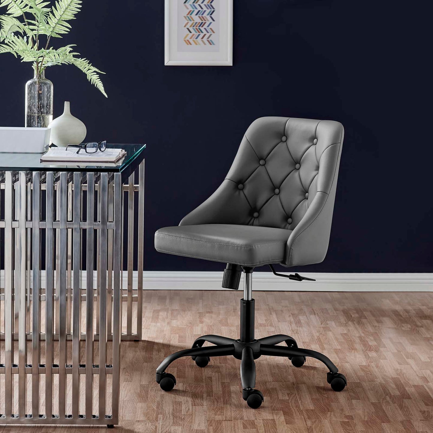 Distinct Tufted Swivel Vegan Leather Office Chair, Faux Vegan Leather, Black Grey Gray, 19880