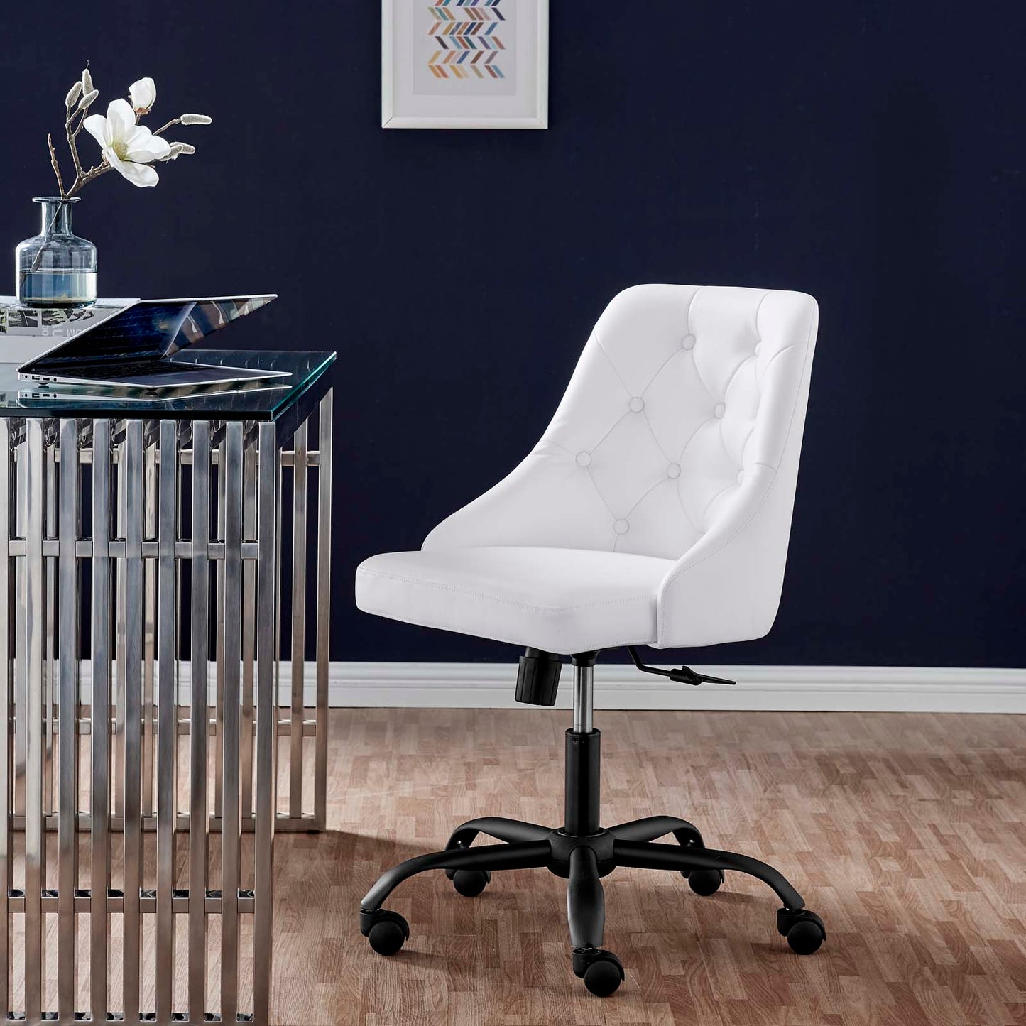 Distinct Tufted Swivel Vegan Leather Office Chair, Faux Vegan Leather, Black White, 19882