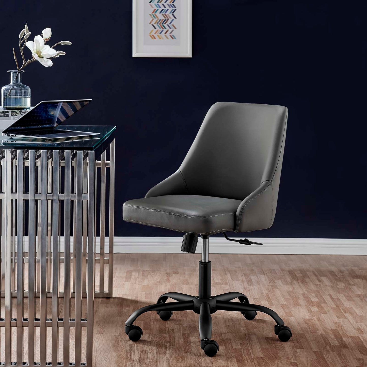 Designate Swivel Vegan Leather Office Chair, Faux Vegan Leather, Black Grey Gray, 19886